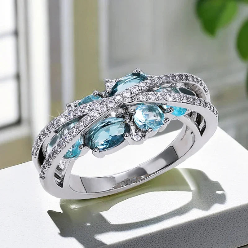 Huitan Blue Cubic Zirconia Cross Ring – Women's Wedding Band