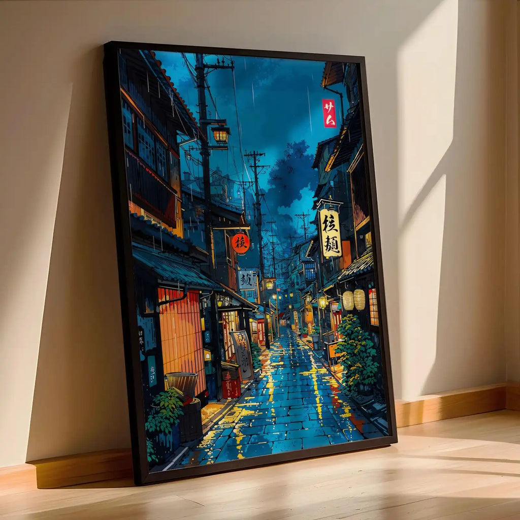 Retro Japanese City Rain Canvas Wall Art Poster | Frameless