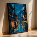 Retro Japanese City Rain Canvas Wall Art Poster | Frameless