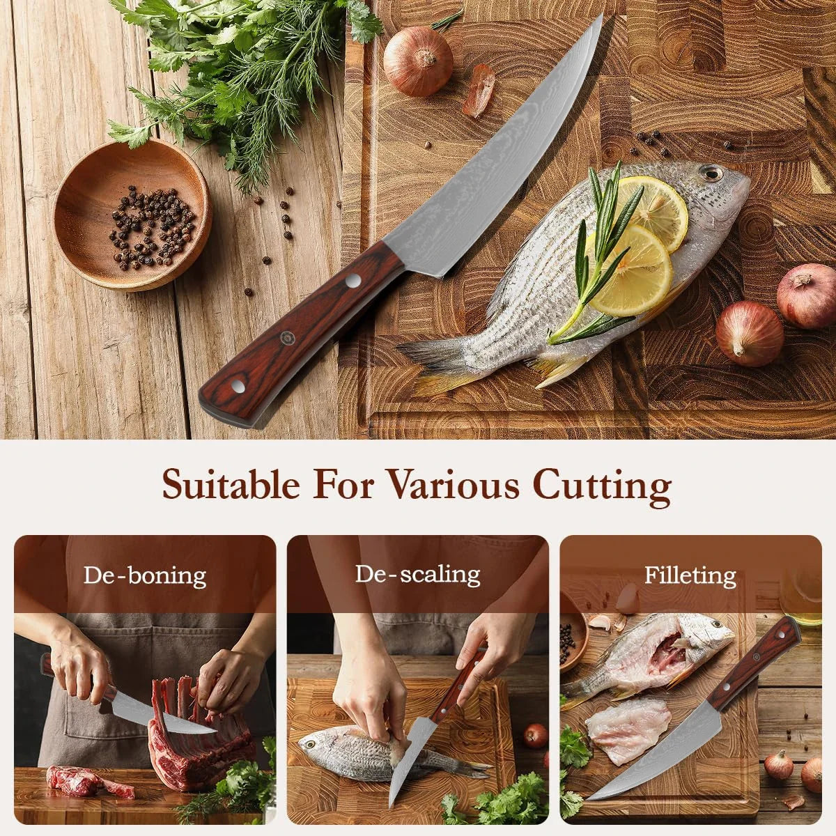 Damascus Steel Boning Knife – Wood Handle & Gift Box