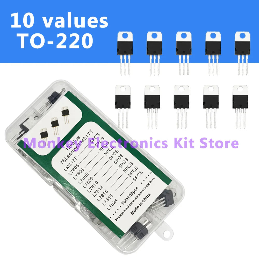 50PCS TO-220 Voltage Regulator IC Kit – LM317T & L78xx Series
