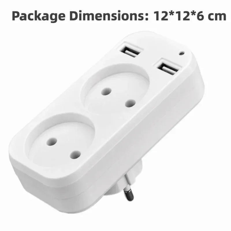 EU Plug Power Strip Adapter – 2 AC Outlets & 2 USB Ports, 1200W