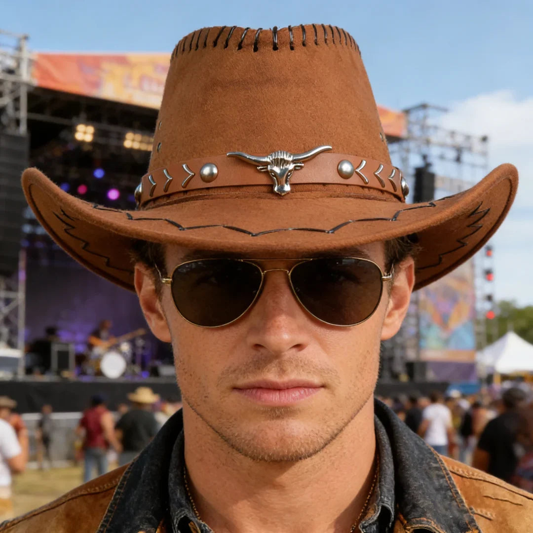 Vintage Brown Faux Suede Western Cowboy Hat Bull Skull Arrow Stitch
