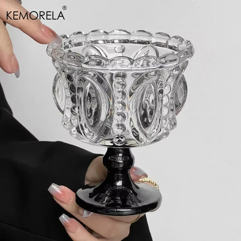KEMORELA Retro Embossed Black Crystal Goblet | Whiskey & Dessert Glass