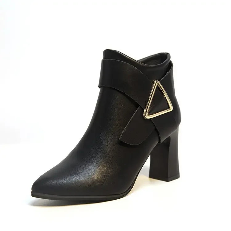 Women's PU Ankle Boots – Square Heel & Belt Buckle | Sizes 34–43