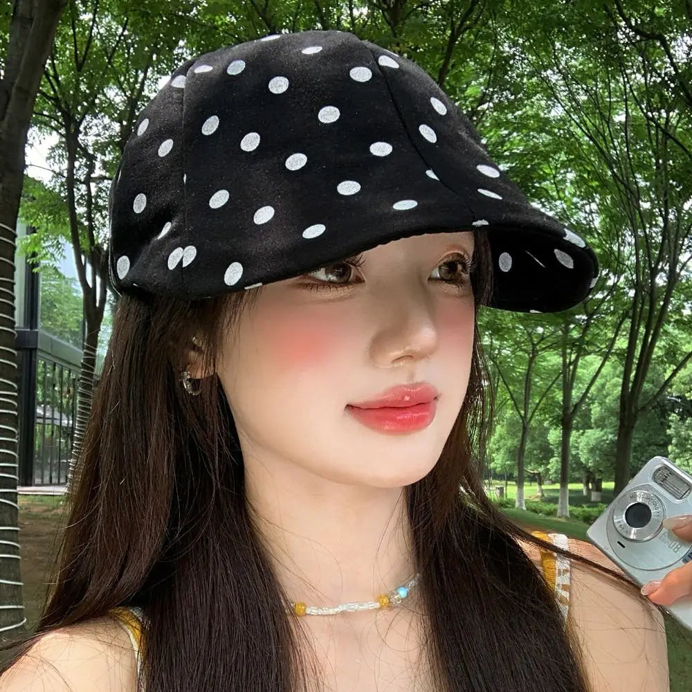 Retro Y2K Polka Dot Beret – Women's Korean Newsboy Cap