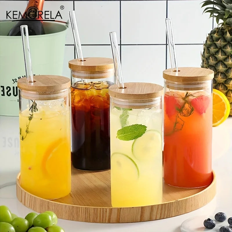 4-Pack 600ml Borosilicate Glass Tumblers with Bamboo Lids & Straws
