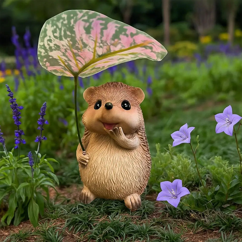 Leaf Umbrella Hedgehog Figurine | Resin Garden Statue Decor