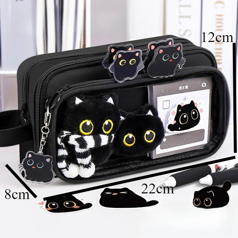 10 Layer Creative Black Cat Design Removable Pencil Case Large