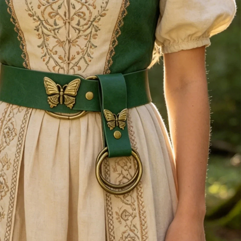 UYEE Belt Vintage Butterfly Leather Waist Sash Double O Ring Skirt