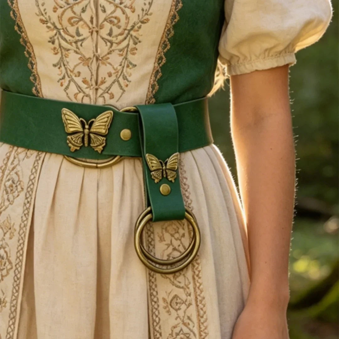 UYEE Belt Vintage Butterfly Leather Waist Sash Double O Ring Skirt