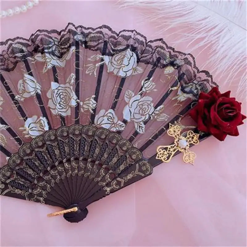Lolita Gothic Fan Victorian Female Lace Hand Vintage Black White Red