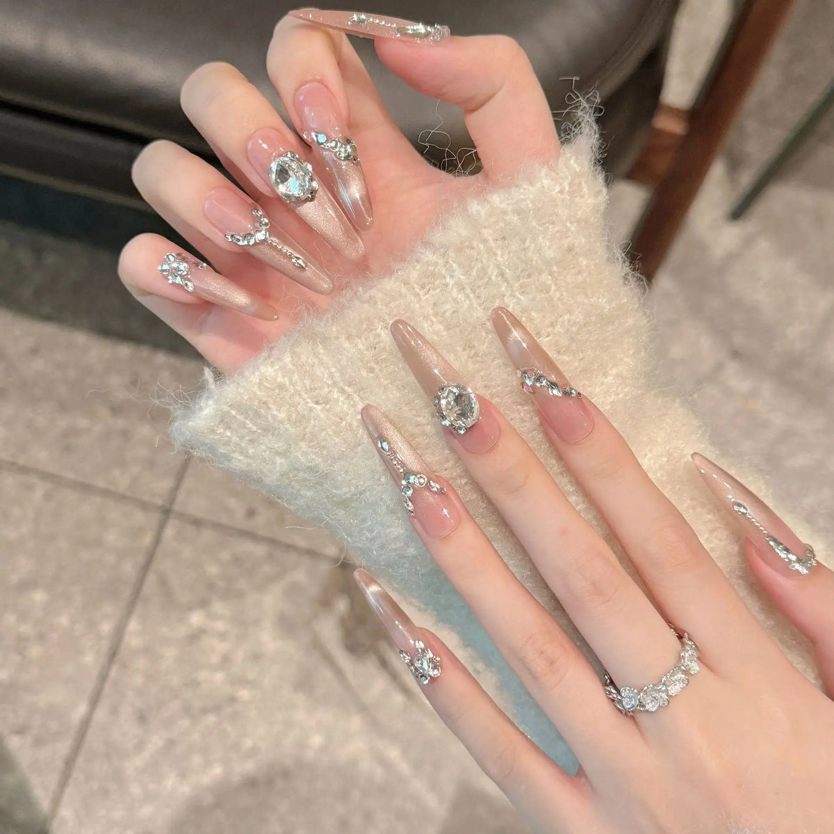 Press-On Nails Pomegranate Pink Cat Eye Long Oval | YADORNOS
