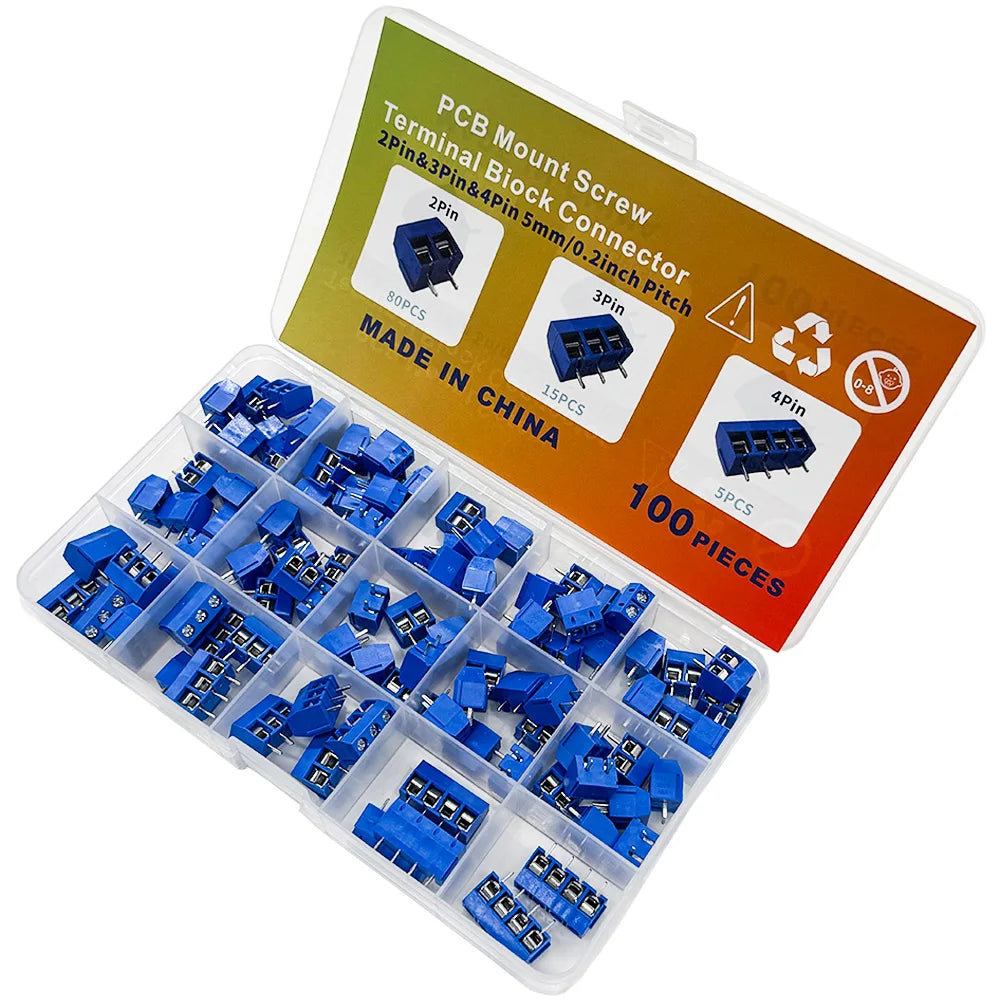 100PCS KF301 PCB Screw Terminal Block Kit 2P 3P 4P 5.08mm