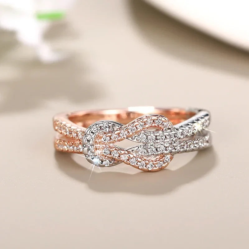 Huitan Two-Tone Twisty Knot Ring – Cubic Zirconia Women's Band