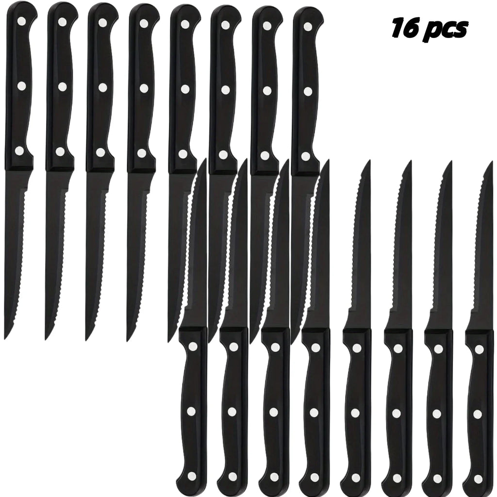 Black Stainless Steel Steak Knife Set – 4/6/8/16 Pcs Serrated