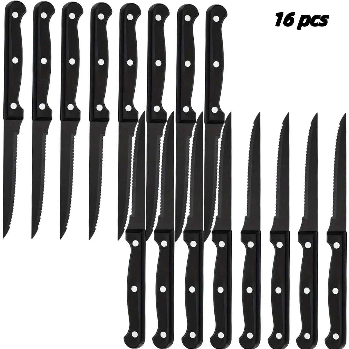 Black Stainless Steel Steak Knife Set – 4/6/8/16 Pcs Serrated