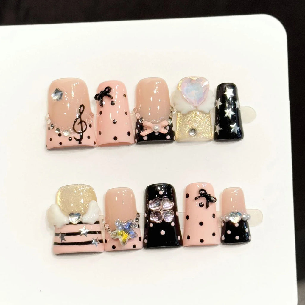 Handmade Short Duck Beak False Nails Pink Black Polka Dot Music Notes