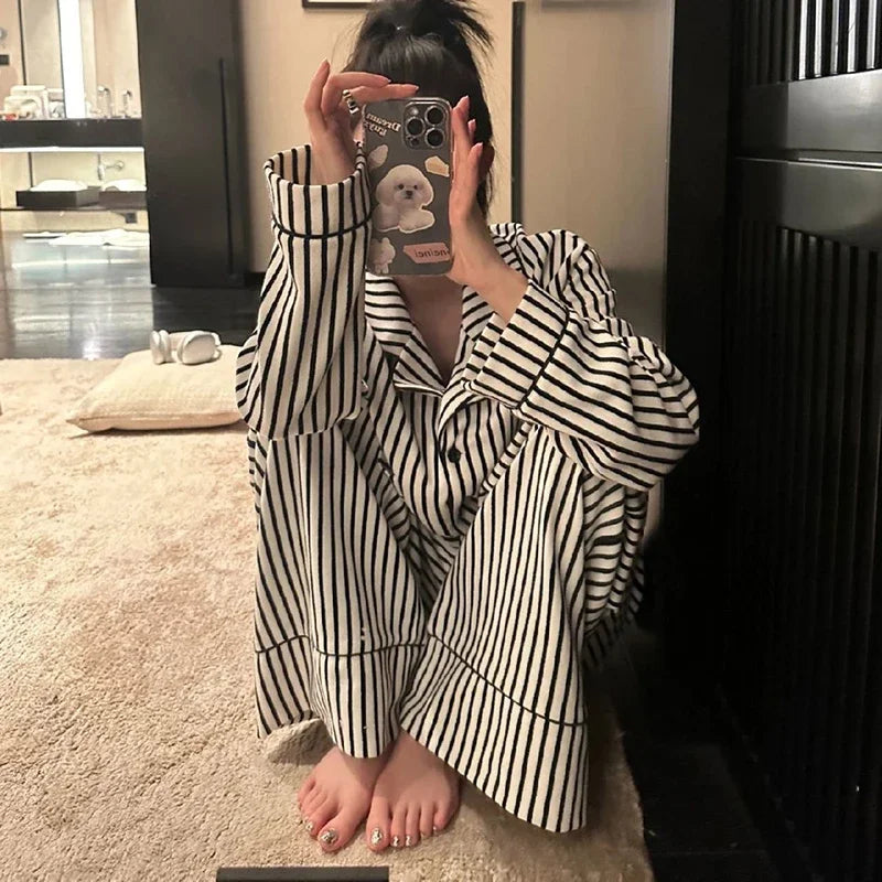 Women's Striped Pajama Set – 2-Piece Korean Sleepwear