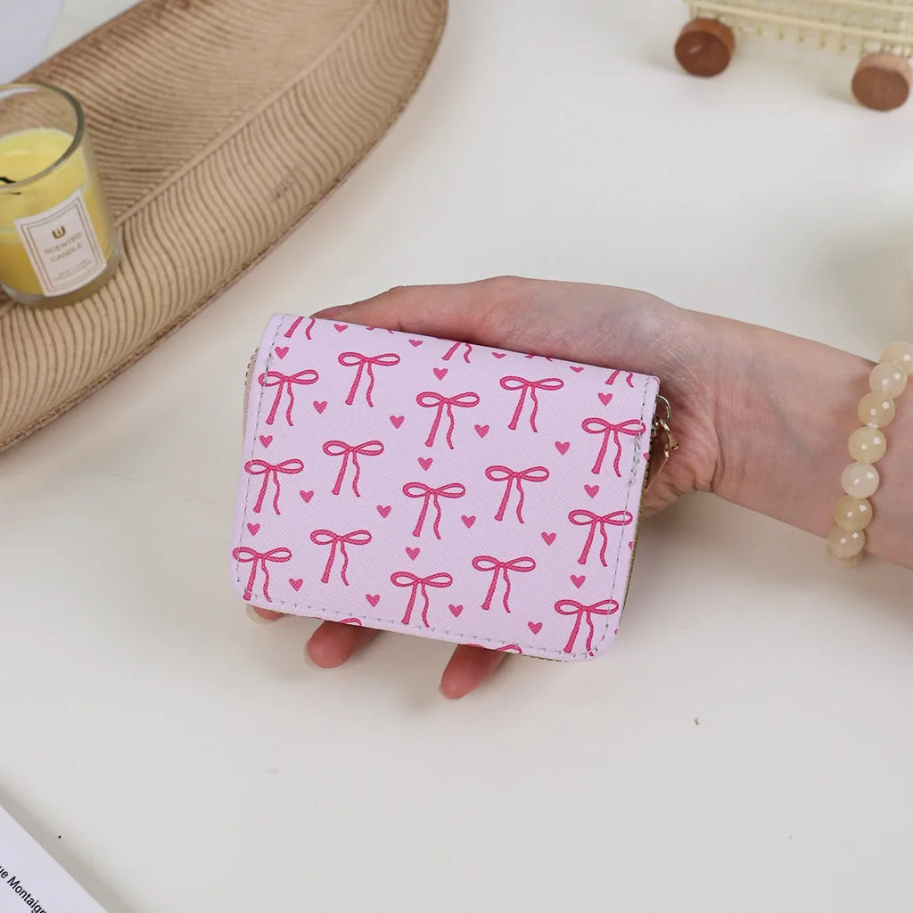 Korean Multi-slots Zipper Mini Coin Purse Pink Sweet Bowknot Card