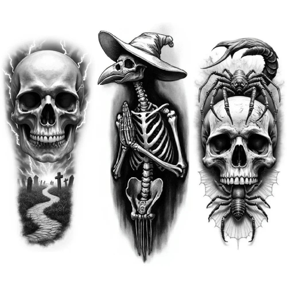 3-Pack Waterproof Temporary Tattoos – Spider, Skull & Scorpion