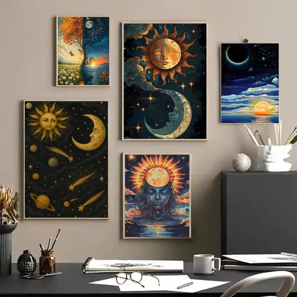 Sun Moon Elegant Canvas Wall Art – Vintage Floral Poster Print