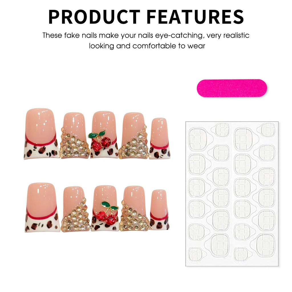 Press On Nails French Leopard Duckbill 3D Cherry Rhinestones 10pcs
