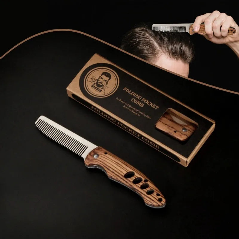 Solid Wood & Metal Folding Beard Comb – Travel Grooming Kit