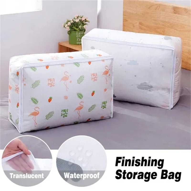 Foldable Quilt Storage Bag – Feather Print Blanket Organizer