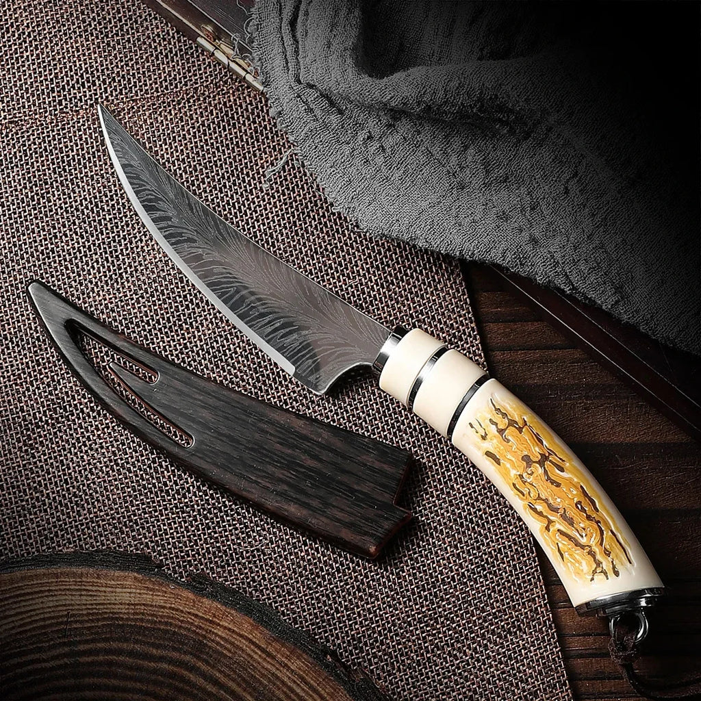 Damascus Feather Pattern Boning Knife with Sheath | Kitchen Knife