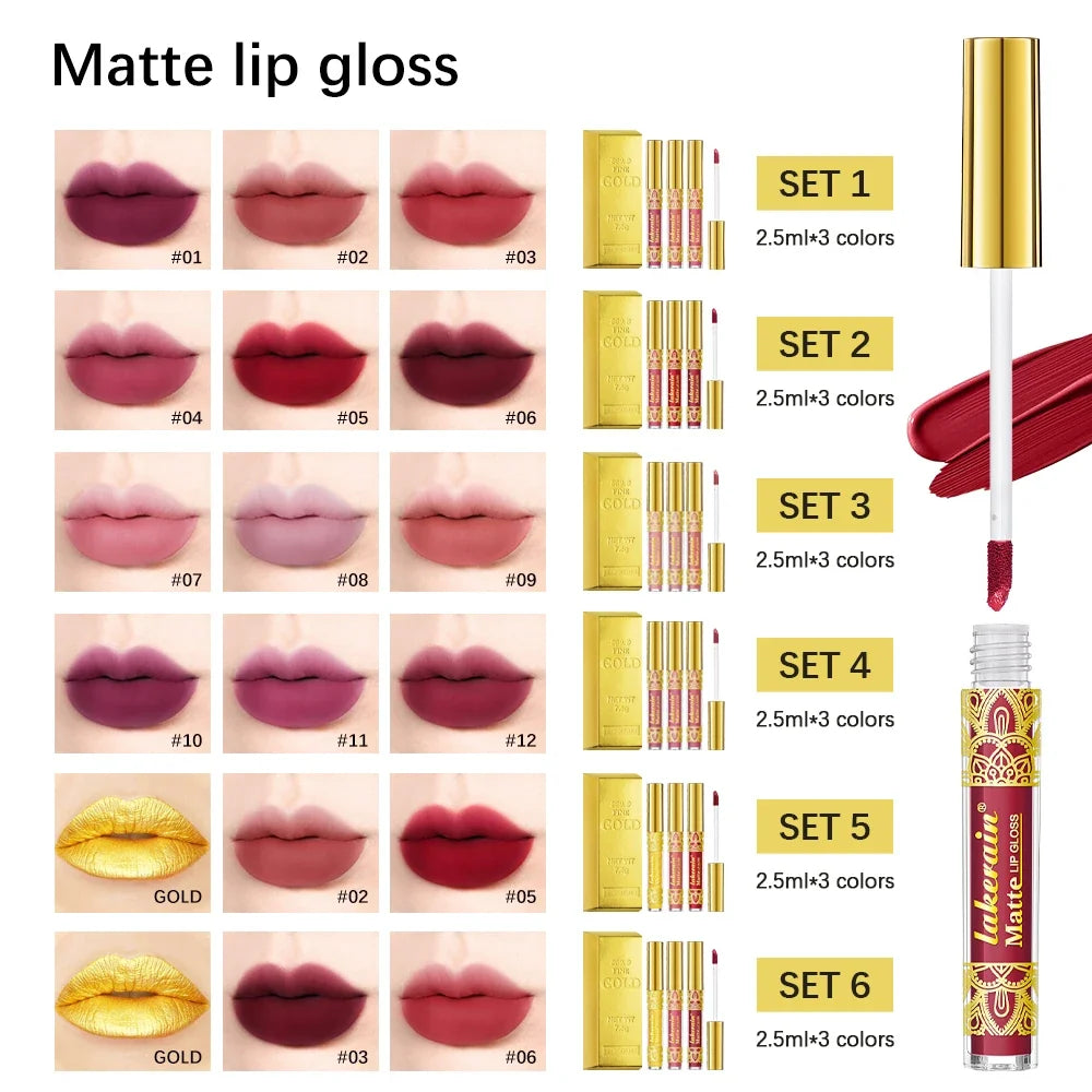 Matte Liquid Lipstick Set | Waterproof Velvet Lip Gloss 3 Colors