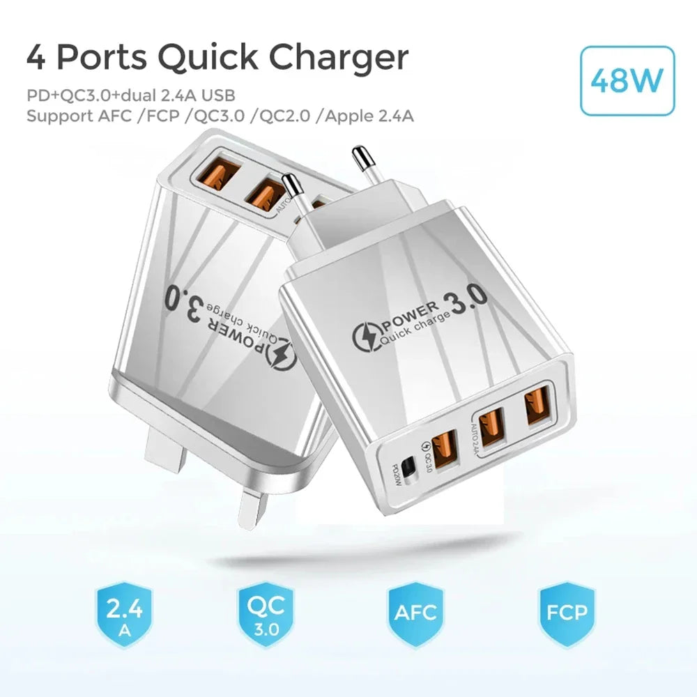 48W USB-C PD Fast Charger QC 3.0 | 4-Port EU/US Wall Adapter