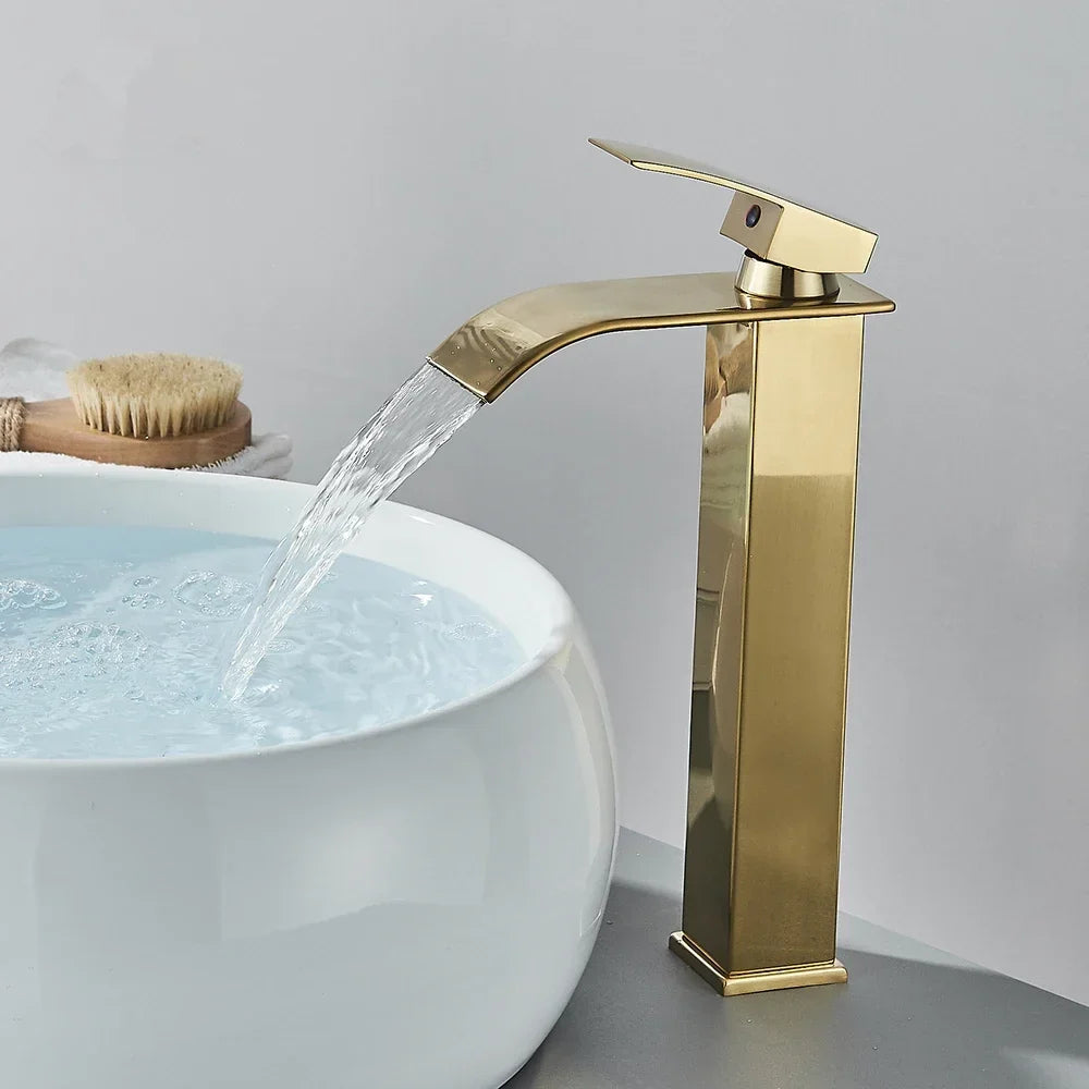 Brushed Gold Waterfall Bathroom Faucet | Single Handle Deck Mount