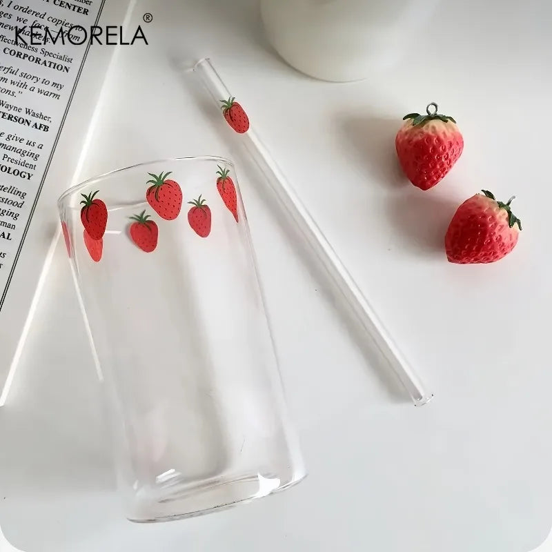 Cute Strawberry Glass Cup with Straw 300ml | KEMORELA Mug