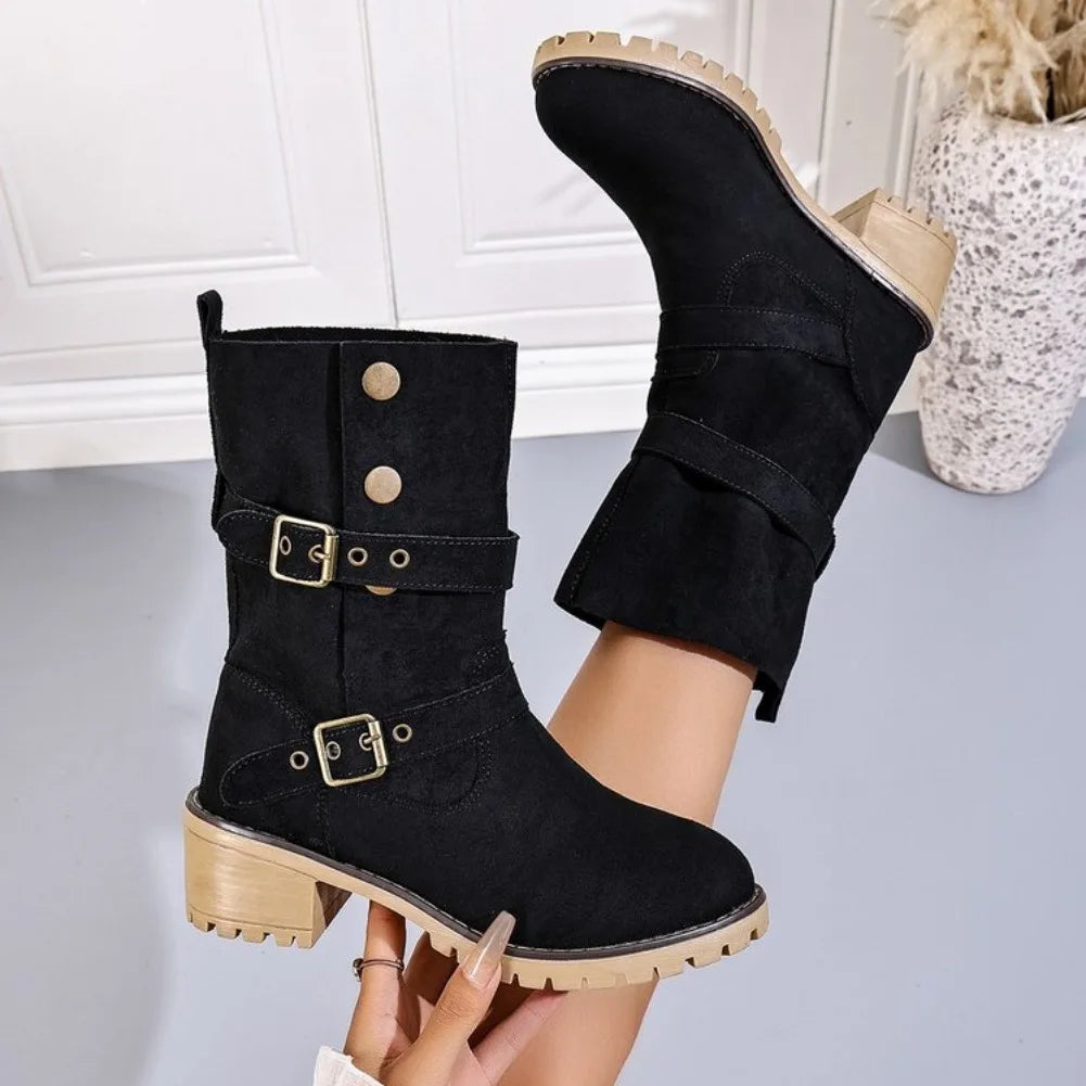 VKJF Women's Vintage Western Mid-Calf Boots | Buckle Slip-On