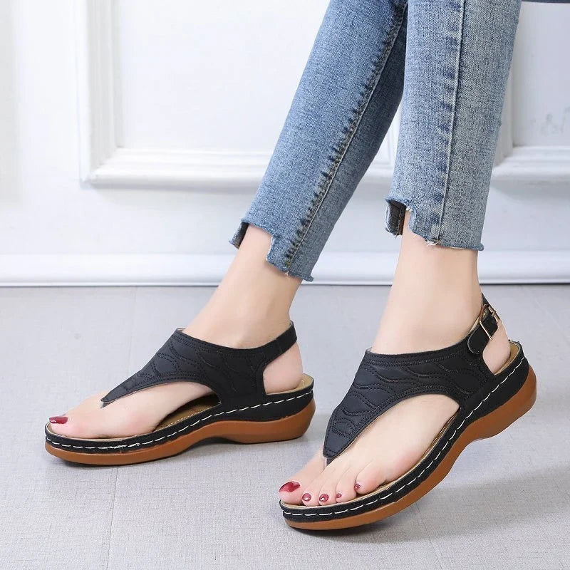 Women's PU Leather Flat Sandals – Buckle Strap Roman Slides