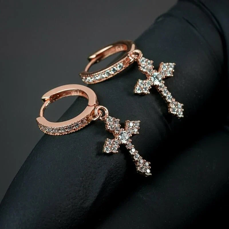 Huitan CZ Cross Drop Hoop Earrings – Unisex Fashion Jewelry