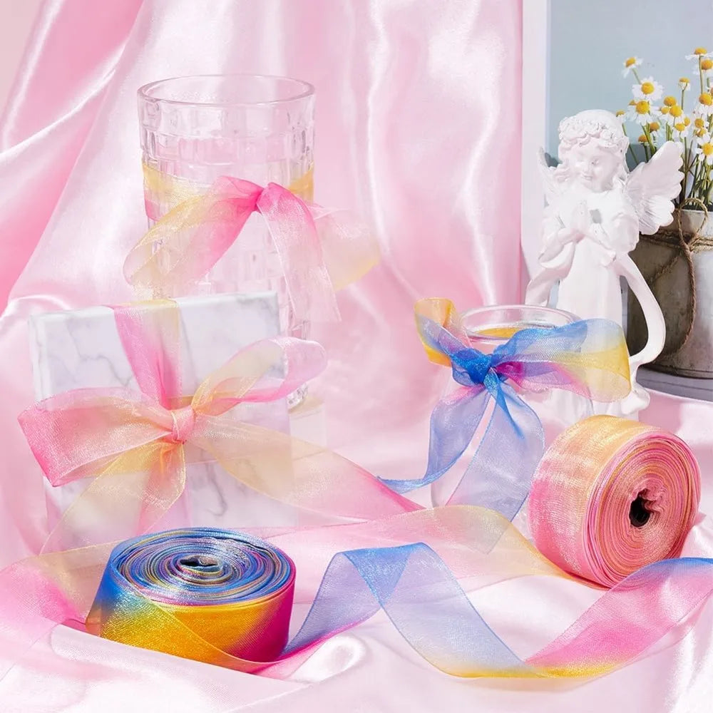 Rainbow Organza Ribbon 2 Rolls – 1 Inch x 50 Yards Sheer