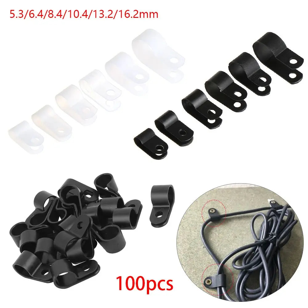 R-type Nylon Cable Clamp Plastic P Clips Black Fasteners Mounting Fix