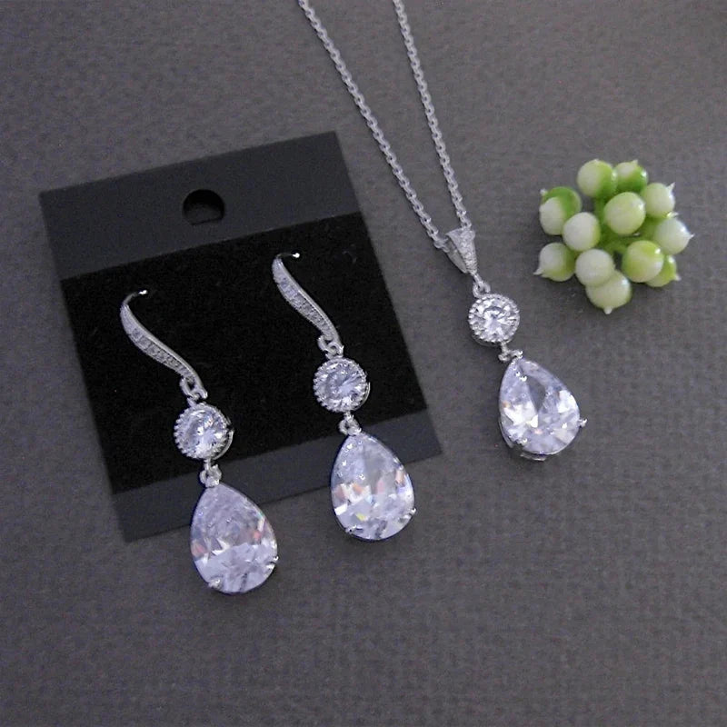 Huitan Waterdrop CZ Drop Earrings – Silver Tone Wedding Party