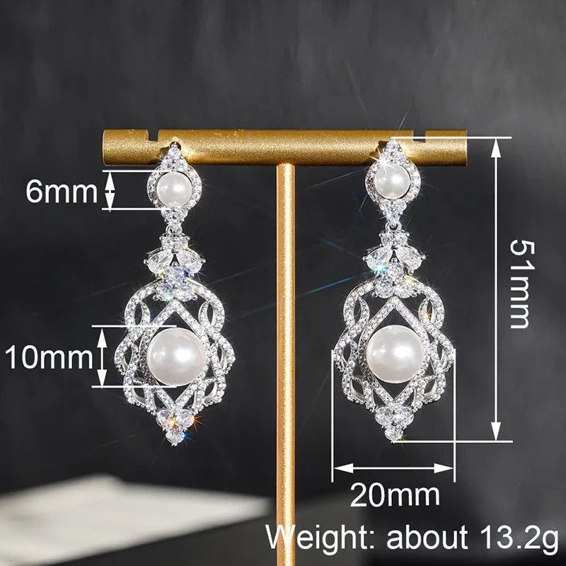 Huitan Pearl CZ Drop Earrings – Silver Dangle Jewelry for Women
