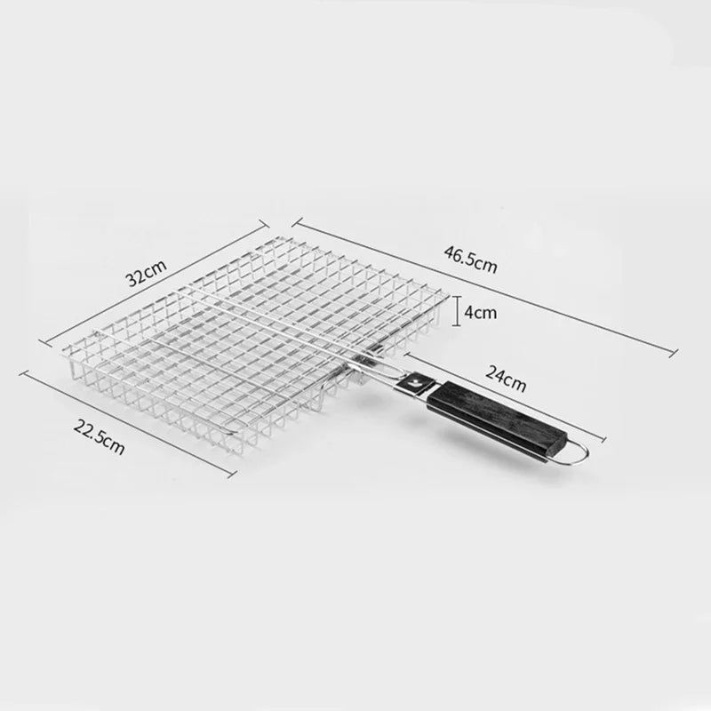 Folding Stainless Steel BBQ Grill Basket – Lockable, Large Grilling Surface, Includes Basting Brush & Storage Bag