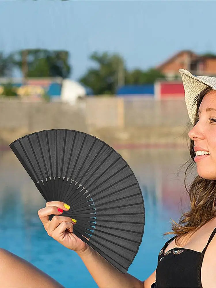Folding Hand Fan Portable Black Silk Chinese Vintage Classic Cool