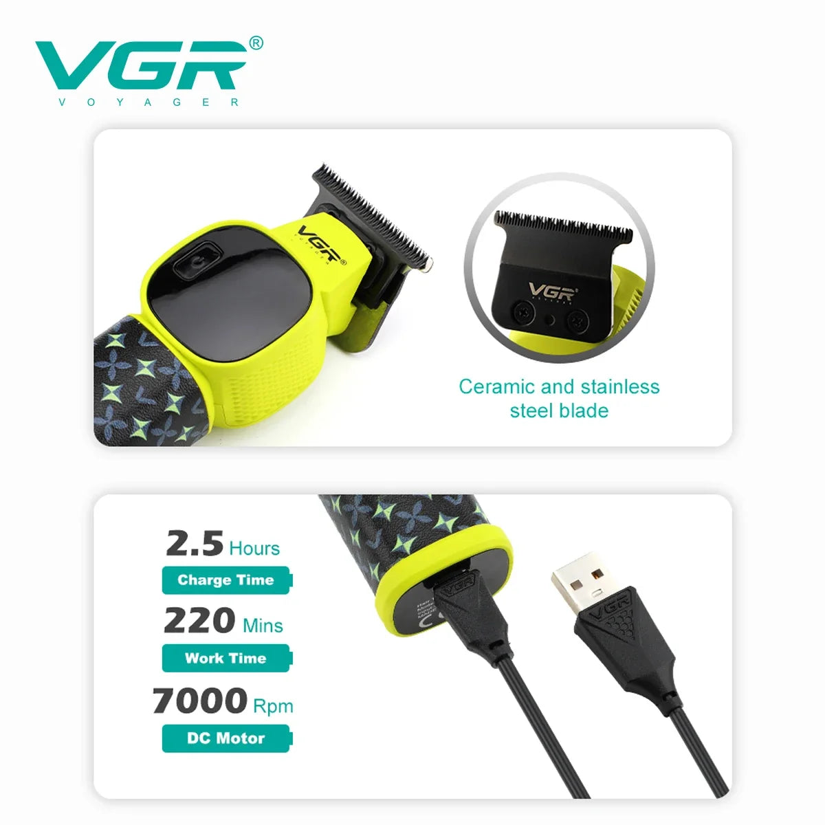 VGR V-185 Professional Hair Clipper LED USB Rechargeable