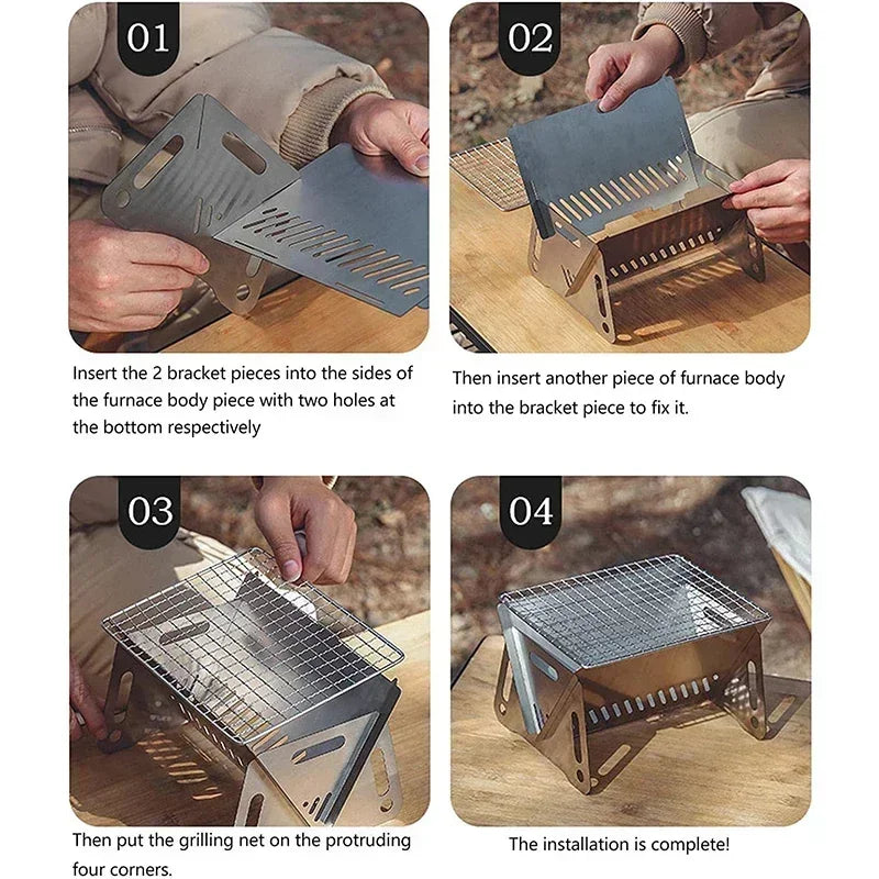 Wood Burning Camp Stove Picnic BBQ Cooker Stainless Steel Folding