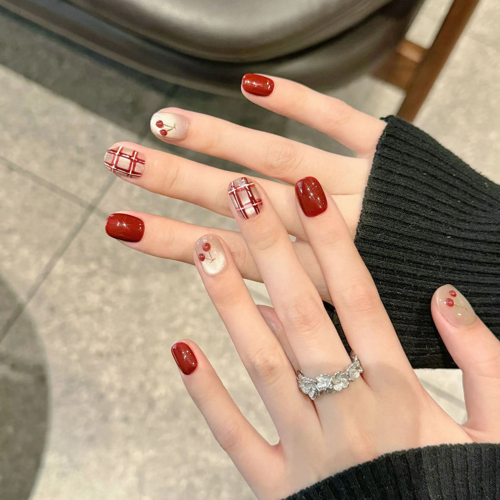 Handmade Red Cherry Glitter Cat Eye Press-On Nails | Short Round