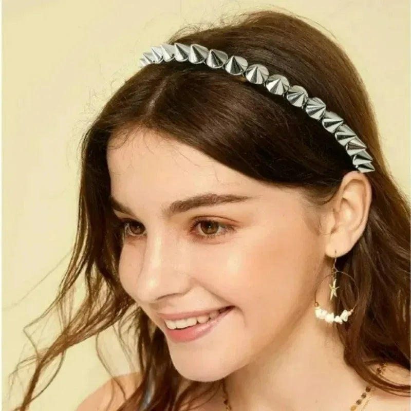 Gothic Punk Studded Spike Headband | Silver Metal Rivet Hair Band