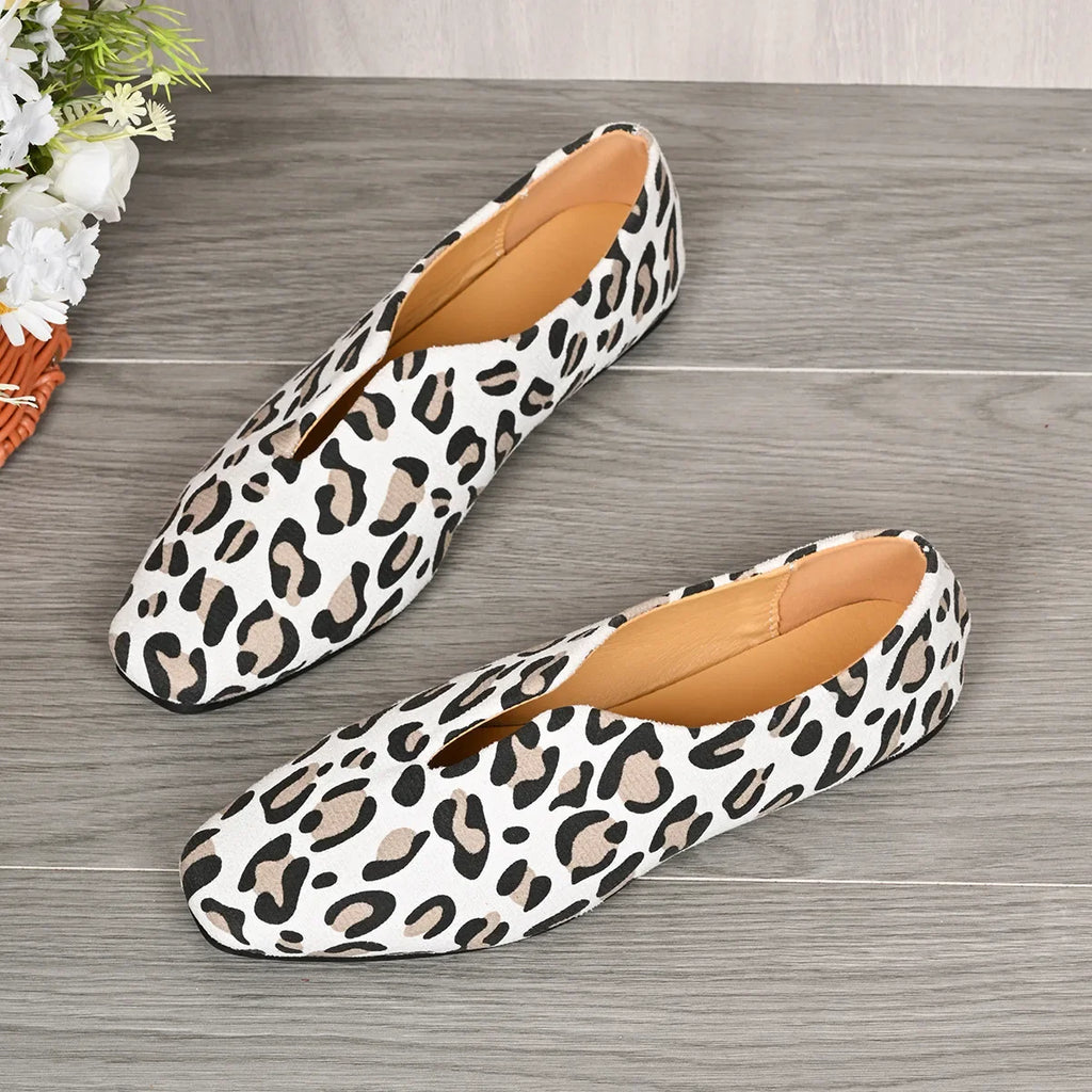 Women's Leopard Print Faux Suede Slip-On Flats | Square Toe