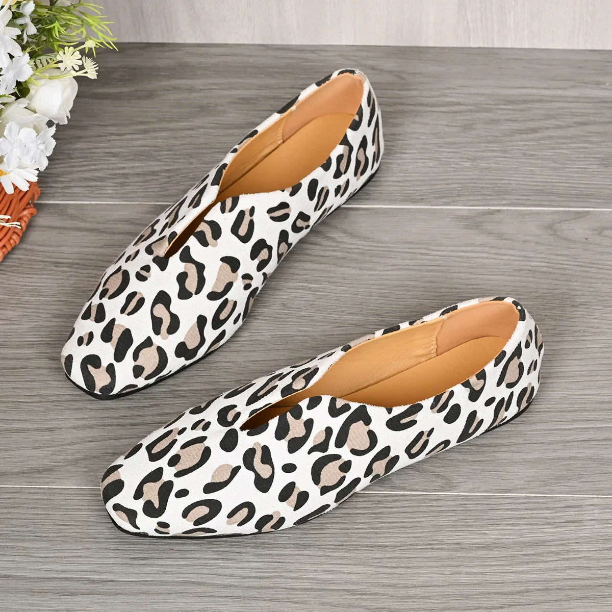 Women's Leopard Print Faux Suede Slip-On Flats | Square Toe