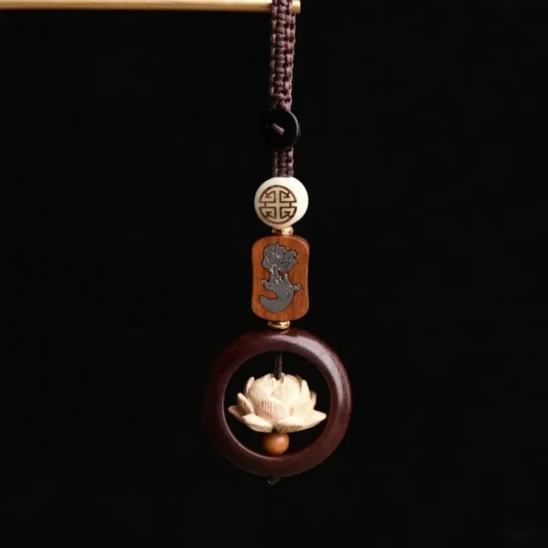 Mini Wooden Buddha Statue Lucky Lotus Keychain Pendant Accessories